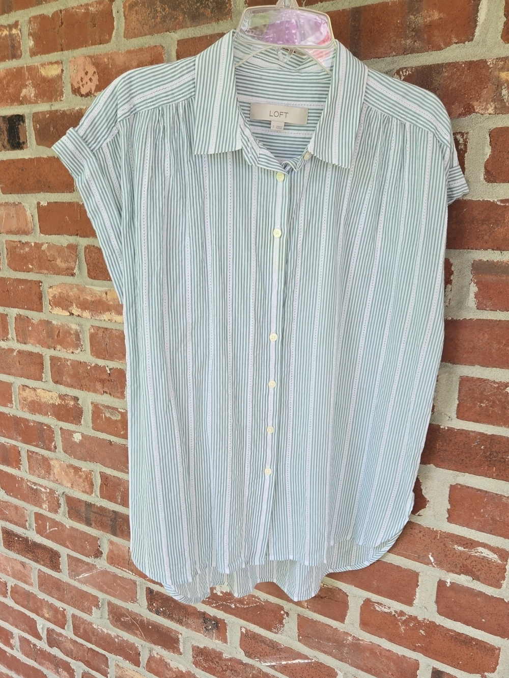 LOFT Mint & White Vertical Stripe Button-Up Blouse